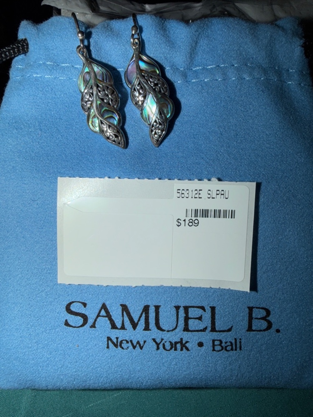 NEW Samuel B. Abalone Leaf Dangle Earrings - Iridescent Blue/Green/Purple